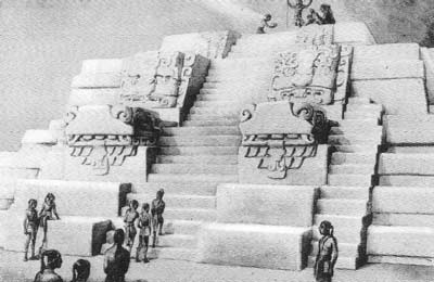 Reconstruction of Pyramid E-VII-Sub shows a Pre-classic temple of about AD 200–300 at the Maya site of Uaxactun, Guatemala, which archeologists found preserved beneath a later structure.
